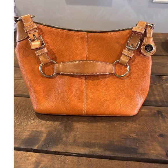Dooney & Bourke Handbags - Dooney and Bourke Orange/Tan Pebbled Leather O-Ring Slouch Hobo Bag